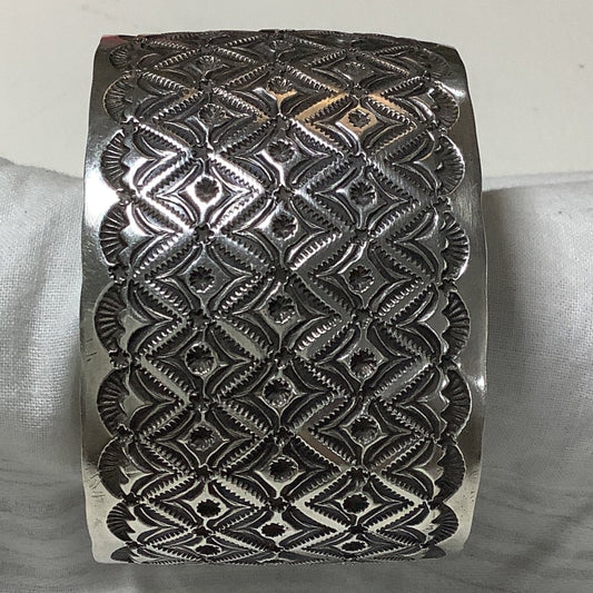 Bracelet, All Silver, wide cuff 5 row Stamps, Maloney - Turquoise Mustang