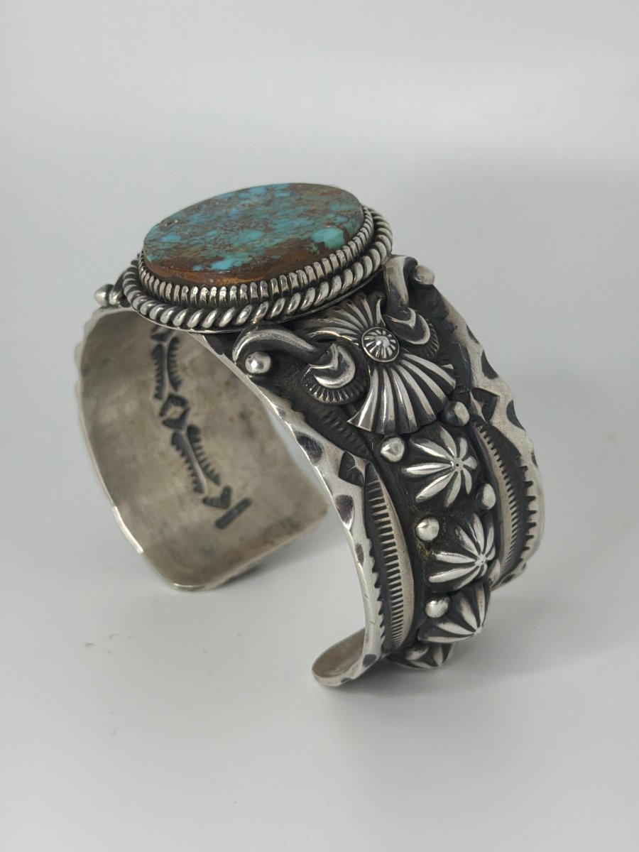 Heavy Stampwork & Overlay, Large Oval Royston Turquoise Cuff Bracelet, Darryl Gordon - Turquoise Mustang