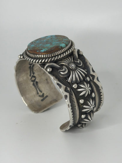 Heavy Stampwork & Overlay, Large Oval Royston Turquoise Cuff Bracelet, Darryl Gordon - Turquoise Mustang