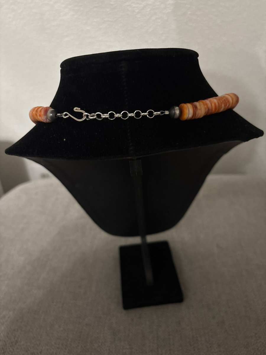 18” Orange Spiny Oyster Rondelle & Heishi Necklace with Silver Pearl Accents - Turquoise Mustang