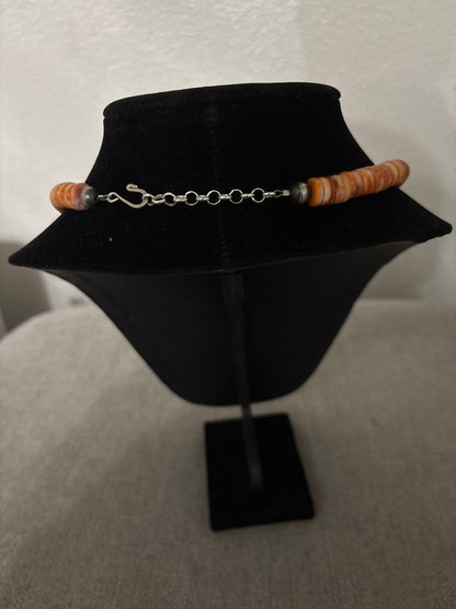 18” Orange Spiny Oyster Rondelle & Heishi Necklace with Silver Pearl Accents - Turquoise Mustang