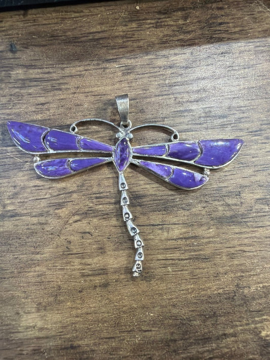 Zuni Inlay Charoite Dragonfly Pendant - Turquoise Mustang