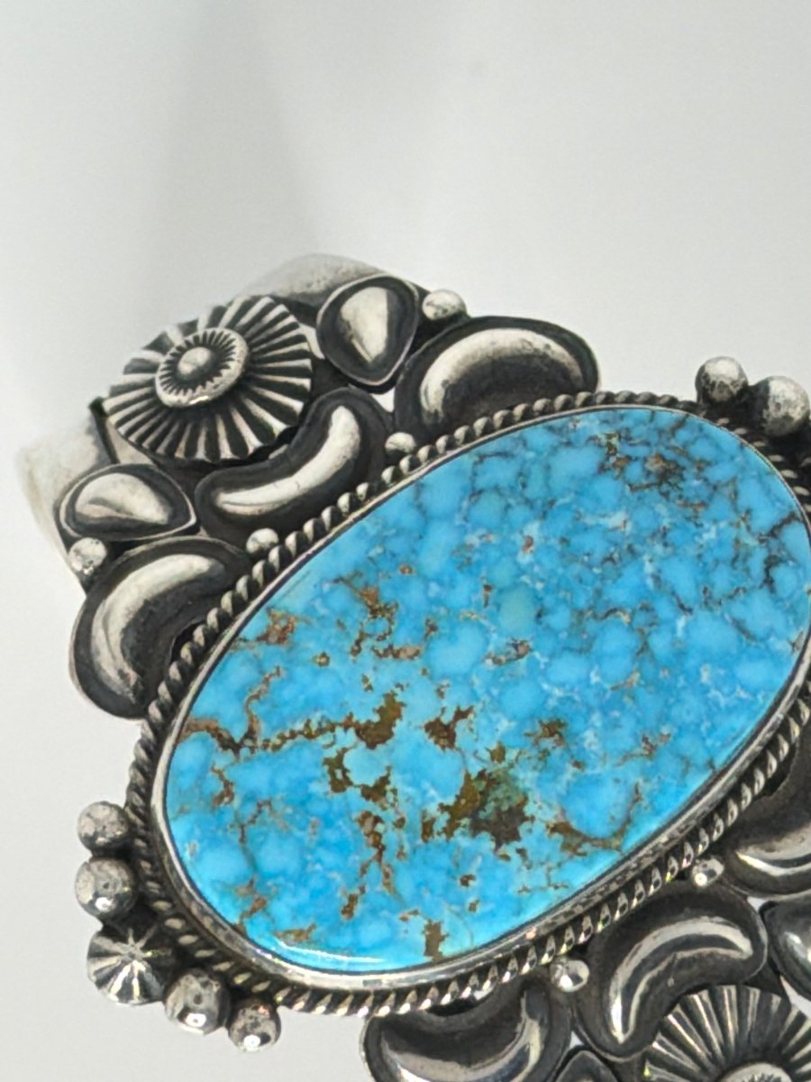Waterweb Kingman Oval, Repoussé, and Stamp Work, by Derrick Gordon - Turquoise Mustang
