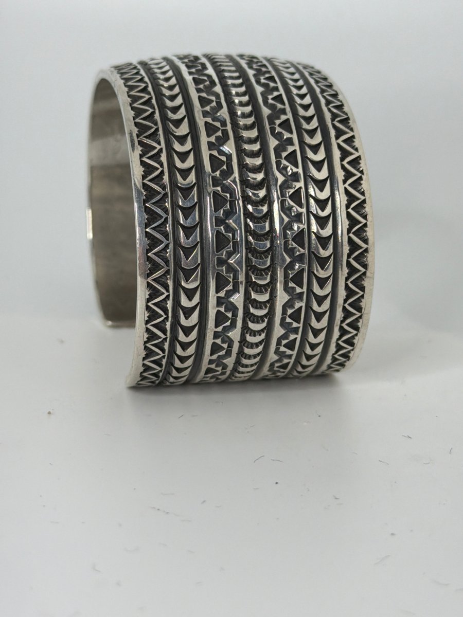 Solid Sterling Silver 7 - Row Stampwork Cuff Bracelet, D. Reeves - Turquoise Mustang