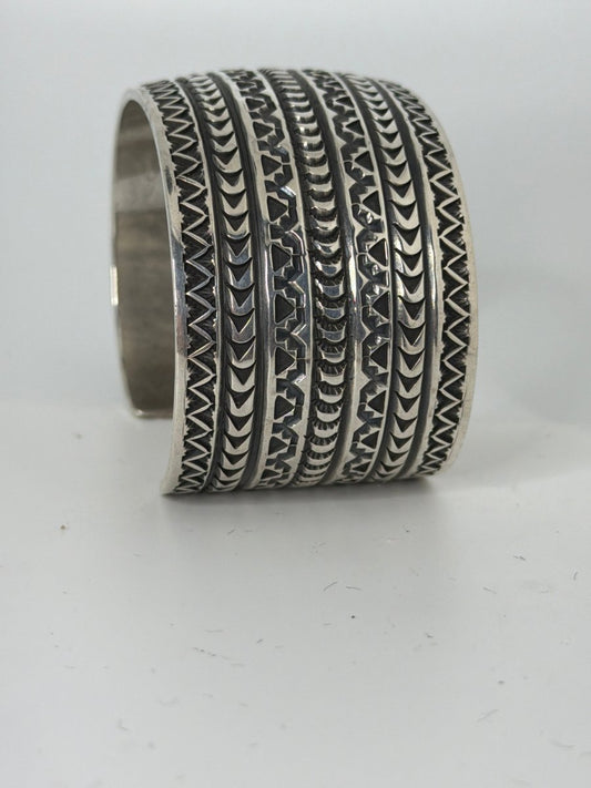 Solid Sterling Silver 7 - Row Stampwork Cuff Bracelet, D. Reeves - Turquoise Mustang