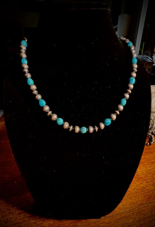 18" Kingman and Potato Bead Necklace - Turquoise Mustang