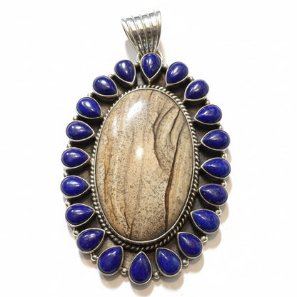 Pendant, Jasper, Large Oval Cluster with 20 Lapis pears bezel, DD (1) - Turquoise Mustang