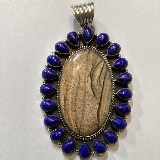 Pendant, Jasper, Large Oval Cluster with 20 Lapis pears bezel, DD (1) - Turquoise Mustang