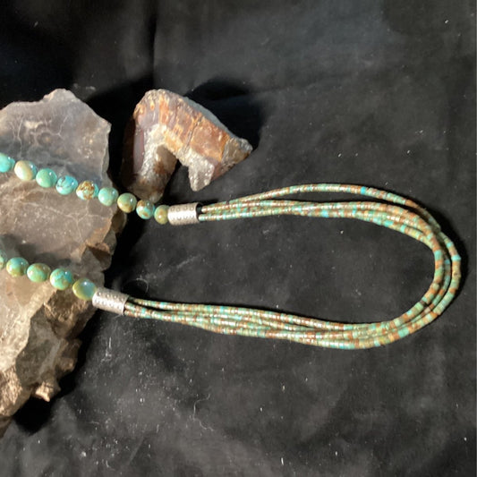 Necklace, 32", 10mm Kingman Turquoise Potatoes with 4 strands of Kingman Heishi, TM, TM (1) - Turquoise Mustang