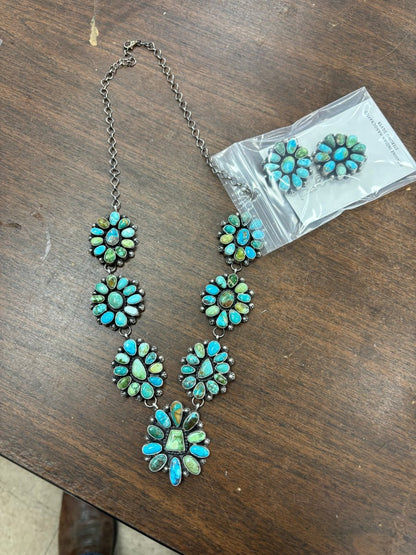 Necklace (2 pc. Set) 7 station, Sonoran Gold Turquoise Clusters, Lorenzo Juan, Navajo - Turquoise Mustang