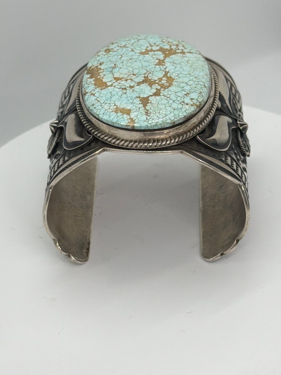 Extra Wide  8 Turquoise Stampwork Cuff Bracelet with Repoussé and Overlay Silverwork, Andy Cadman - Turquoise Mustang
