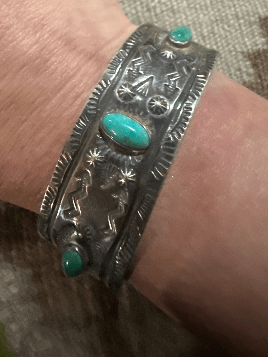 Antique Harvey - era Three Oval Stone Cuff with Snake and Thunderbird Motif (c. 1920s) - Turquoise Mustang