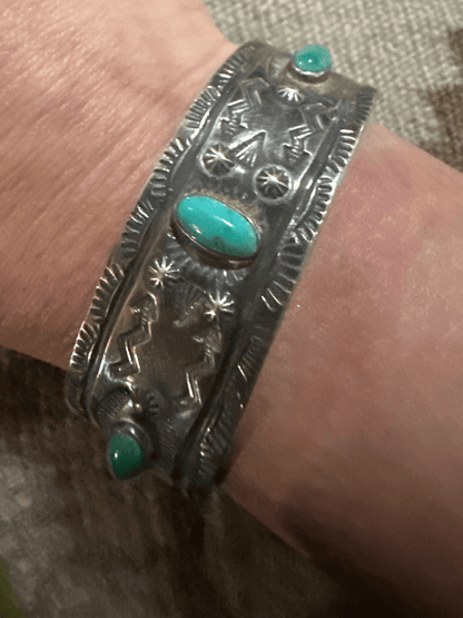 Antique Harvey - era Three Oval Stone Cuff with Snake and Thunderbird Motif (c. 1920s) - Turquoise Mustang