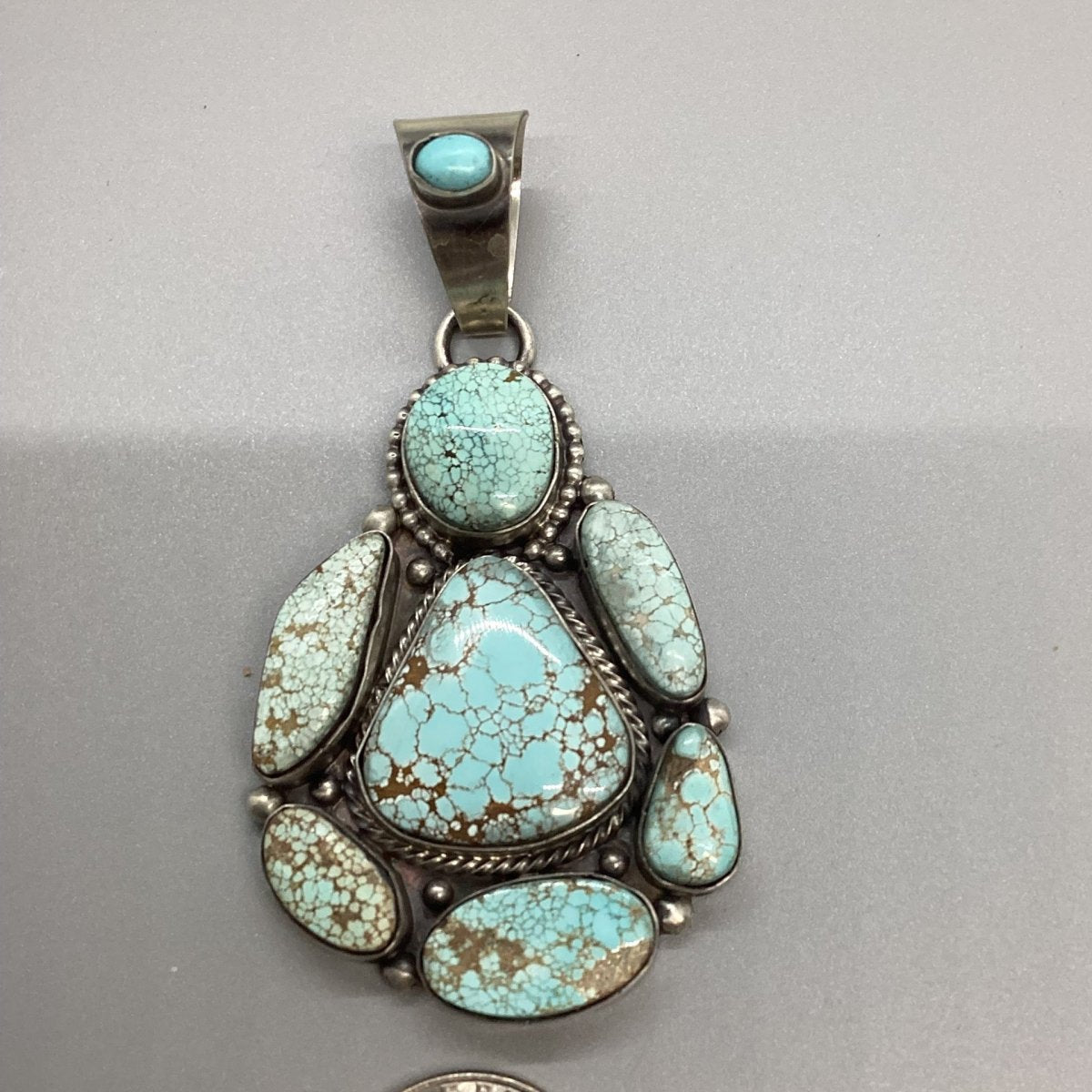 Pendant, 7 stone, Large Number 8 , Cluster, Peterson Johnson - Turquoise Mustang