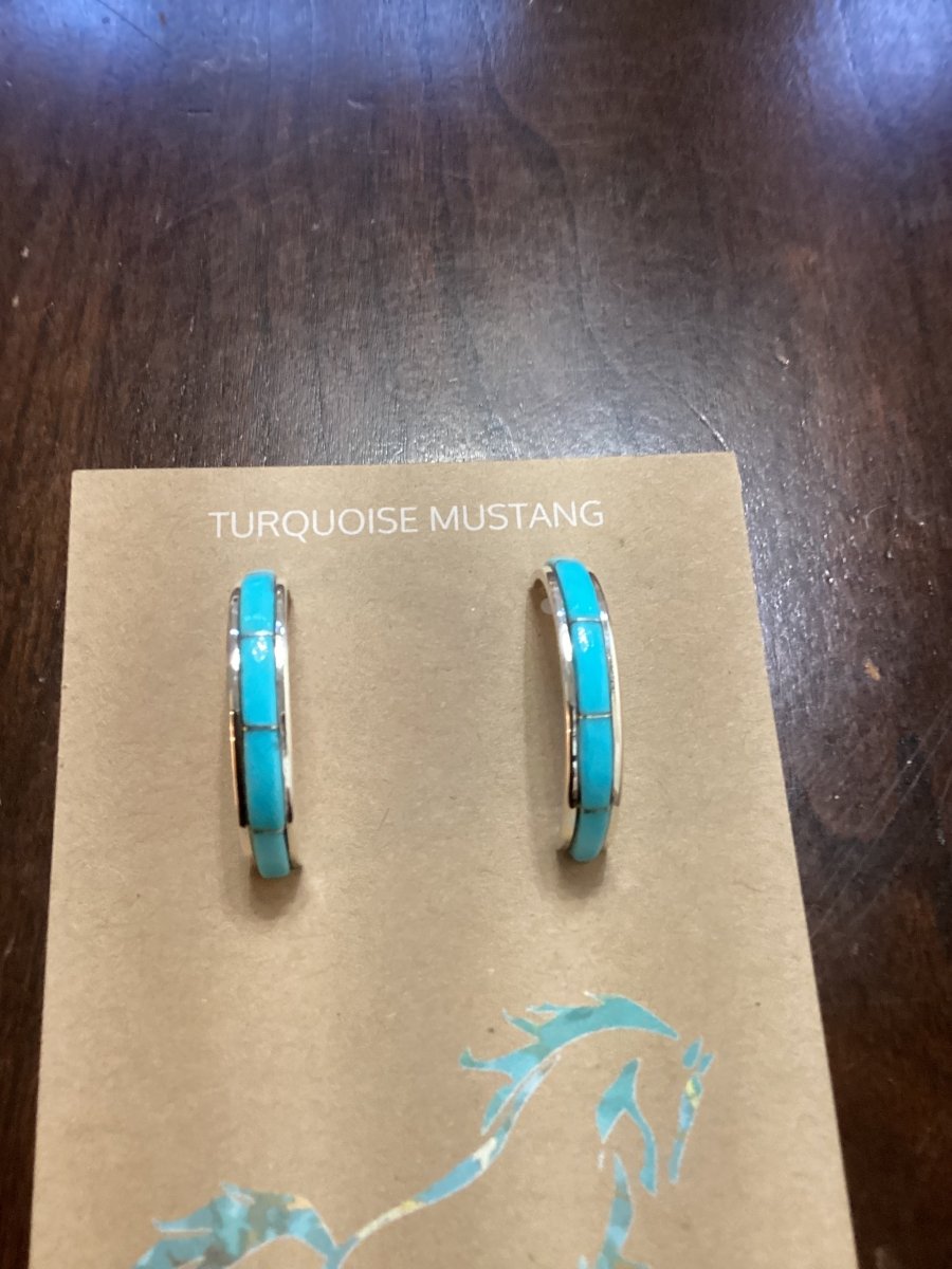 Earring, Sleeping Beauty Inlay hoop posts, Cynthia Johnson - Turquoise Mustang