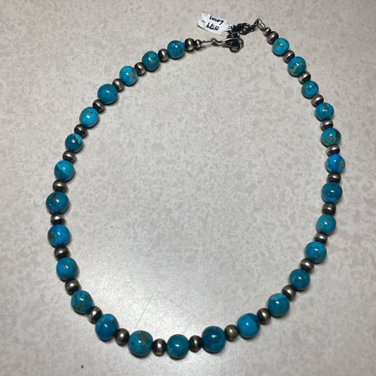 20", 1 strand, 8mm Navajo Pearls with Kingman Turquoise 14mm Discs, TM - Turquoise Mustang