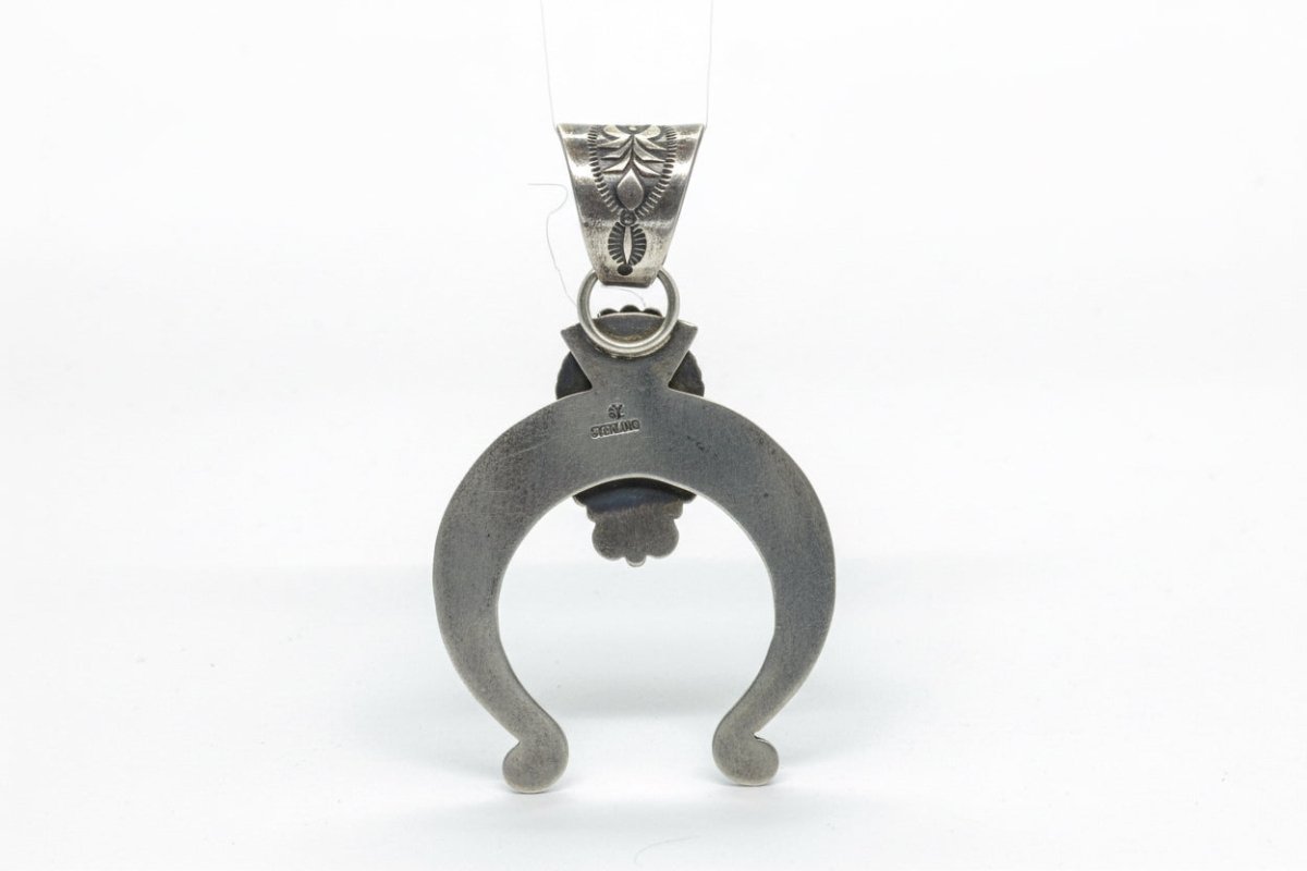 Cast Sterling Silver and Turquoise Sculptural Naja Pendant with Hook, Harrison Bitsue - Turquoise Mustang