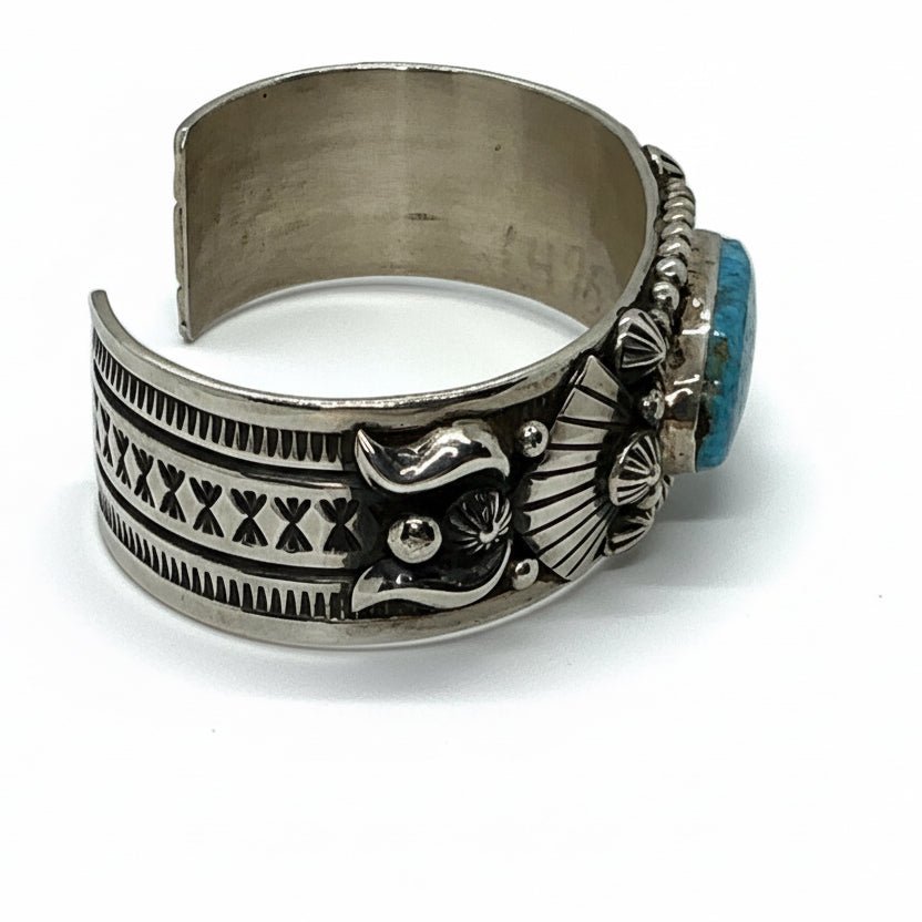 Kingman Waterweb Medium Cuff with Stamp - Work and overlay, J Delgarito - Turquoise Mustang