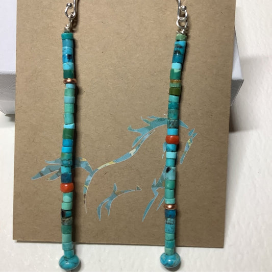 Earrings, Long "Stick" w/ TQ heishi/coral/TQ Rondelle, Turquoise Mustang - Turquoise Mustang