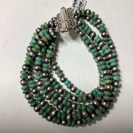 Bracelet, 4mm Navajo Pearls w Kingman, 6 - strand, Dan dodson - Turquoise Mustang