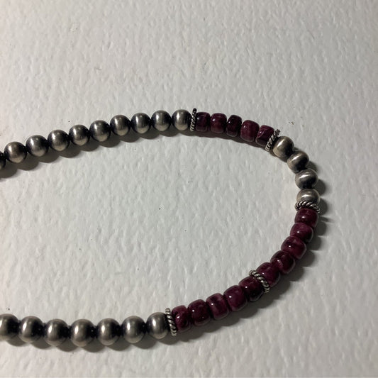 Necklace, 24" Navajo Pearls and Purple Spiny Oyster, Turquoise Mustang - Turquoise Mustang