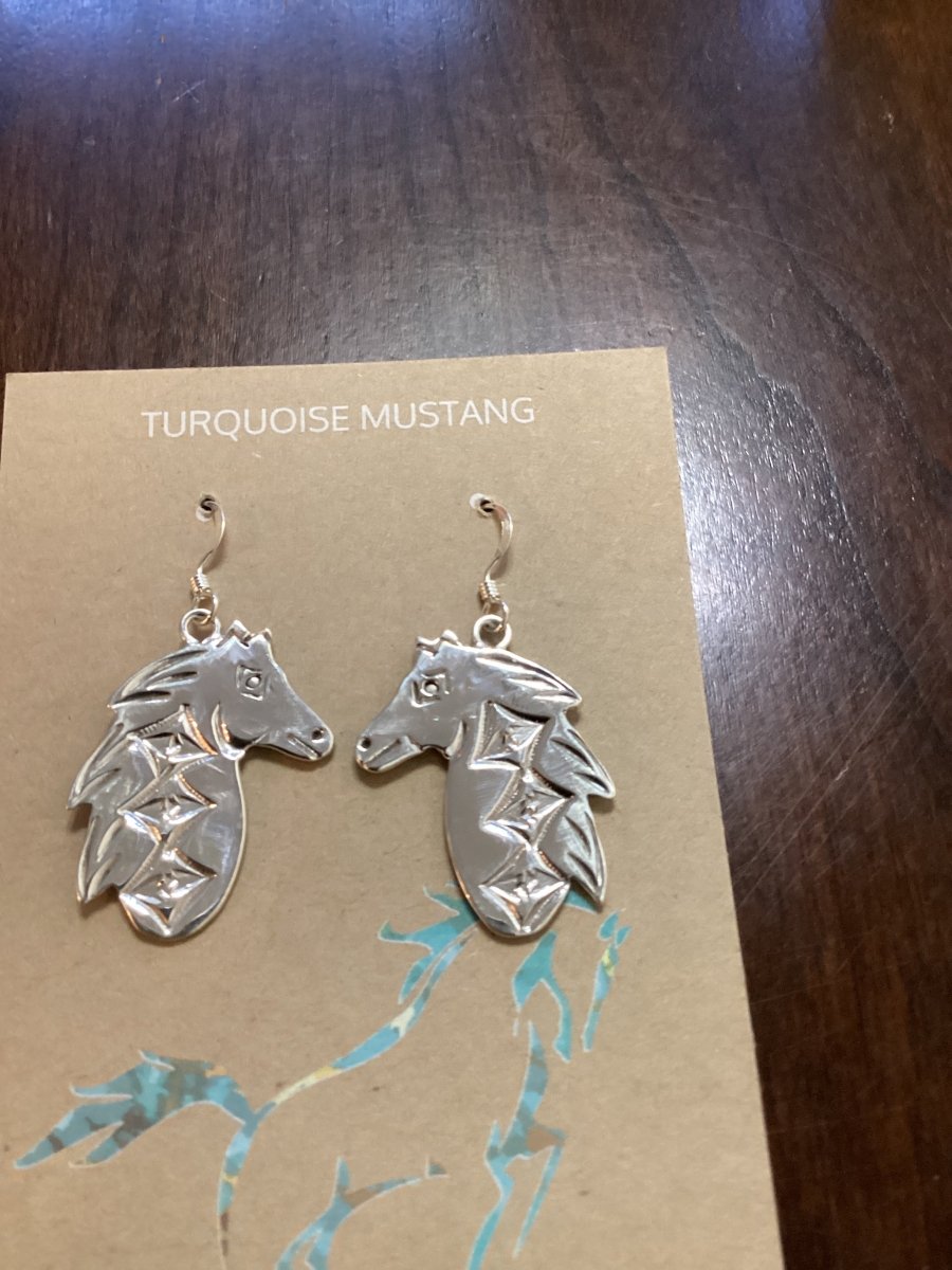 Earring, All Silver, cast horse heads on hooks, Allison Manuelito - Turquoise Mustang