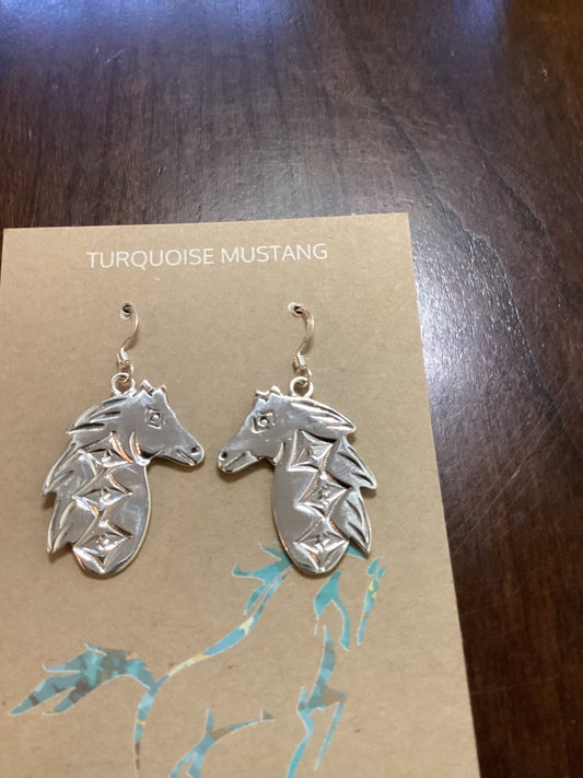 Earring, All Silver, cast horse heads on hooks, Allison Manuelito - Turquoise Mustang