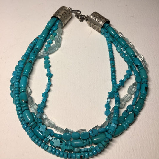 NEcklace, 20" 5 - Strand, Barrel. - Rondelle - Oval Coin - Qtz - Crosses of Cloud Mountain, Dan Dodson - Turquoise Mustang