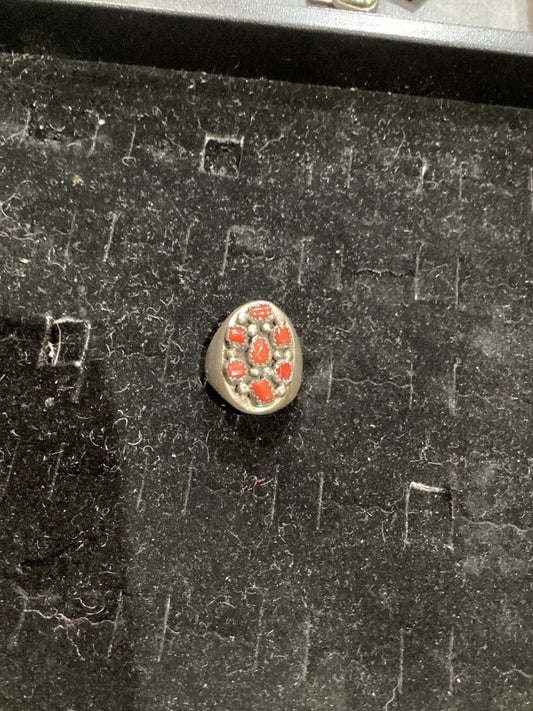 Vintage Coral Cluster Men's Ring, Navajo, Size 10.75 - Turquoise Mustang