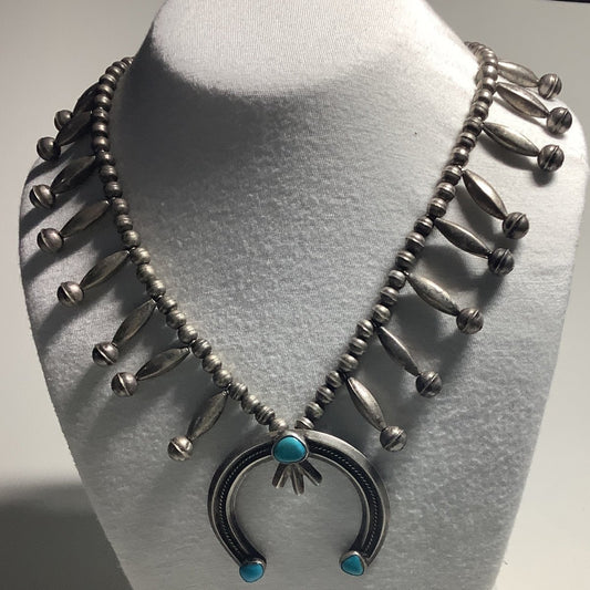 Squash Blossom, 27" Bench Made beads and blossoms, 3 cabs turquoise, unknown Native Artist circa 1965 - Turquoise Mustang