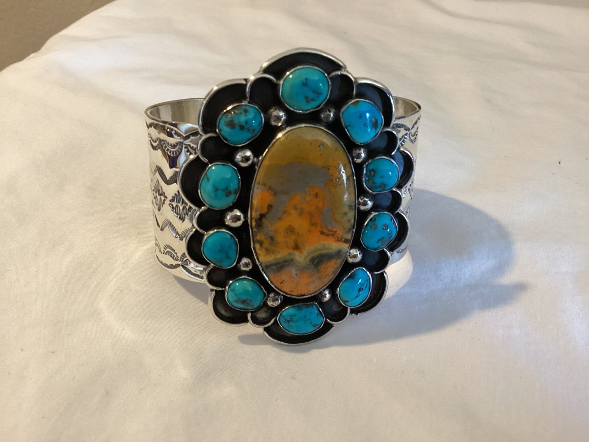 Bracelet, wide cuff, Bumble Bee Jasper Oval, 11 TQ freeform, Chimney - Turquoise Mustang