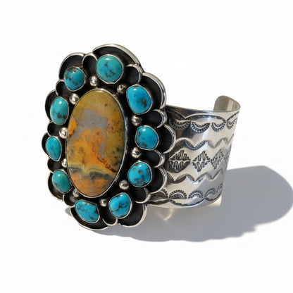 Bracelet, wide cuff, Bumble Bee Jasper Oval, 11 TQ freeform, Chimney - Turquoise Mustang