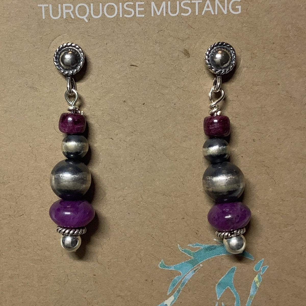 Earrings, N - Pearls w Sugilite and Purple Oyster, Turquoise Mustang (1) - Turquoise Mustang