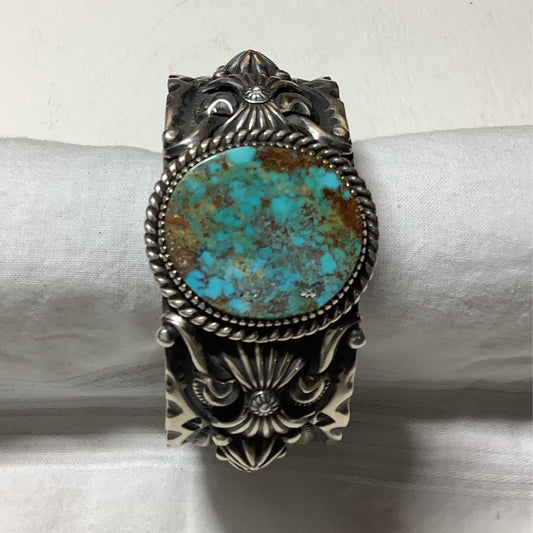 Heavy Stampwork & Overlay, Large Royston Stone Cuff, by Darryl Gordon - Turquoise Mustang