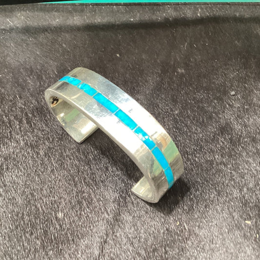 Bracelet, mens silver cuff with turquoise inlay centerline, GL - Turquoise Mustang