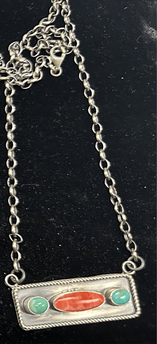 Three-Stone Bar Necklace with Spiny Oyster or Kingman Turquoise by Soccoro, Navajo - Turquoise Mustang