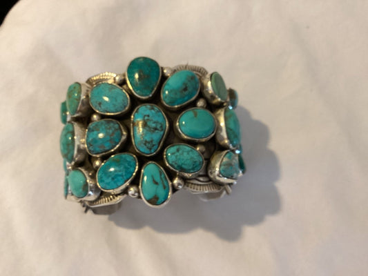 Extra - Wide 23 - Stone Cluster Cuff in Mixed Turquoise by Chris Yazzie - Turquoise Mustang