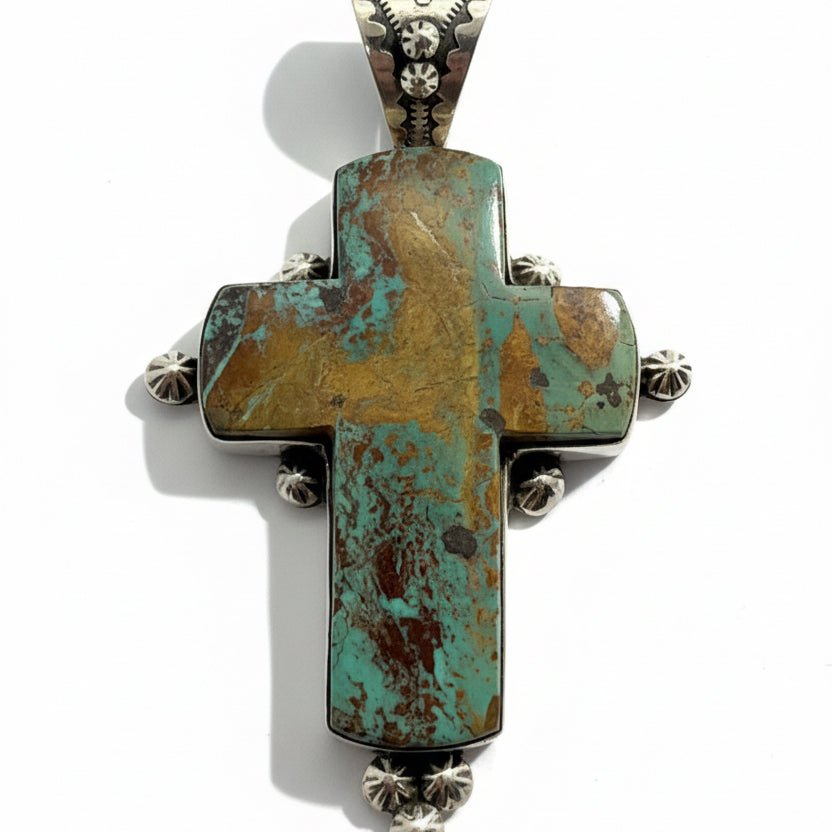 The Sunflower Cross Pendant in Green Kingman Turquoise - Turquoise Mustang