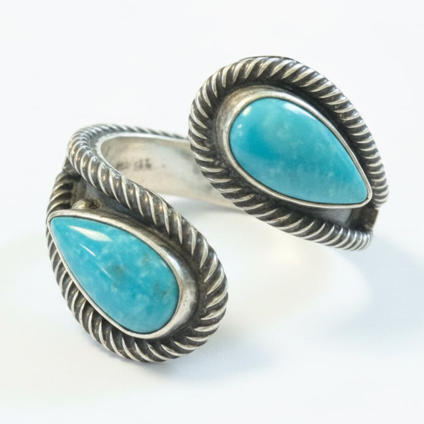 Lone Mountain Turquoise Bypass Ring with continuous rope bezel and raindrop detail. Adjustable - Turquoise Mustang