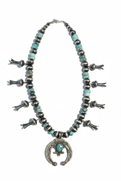 Navajo Pearl & Cloud Mountain Turquoise Squash Blossom Necklace with Pilot Mountain Naja, EL Billah (Navajo) - Turquoise Mustang