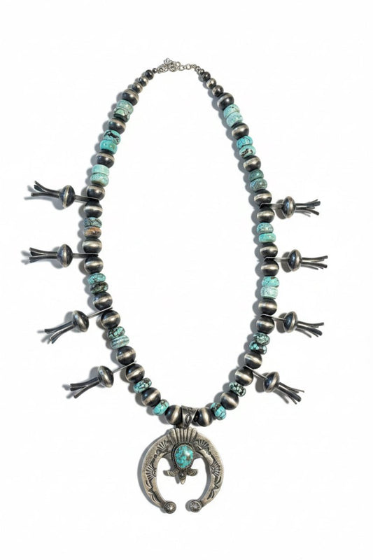 Navajo Pearl & Cloud Mountain Turquoise Squash Blossom Necklace with Pilot Mountain Naja, EL Billah (Navajo) - Turquoise Mustang