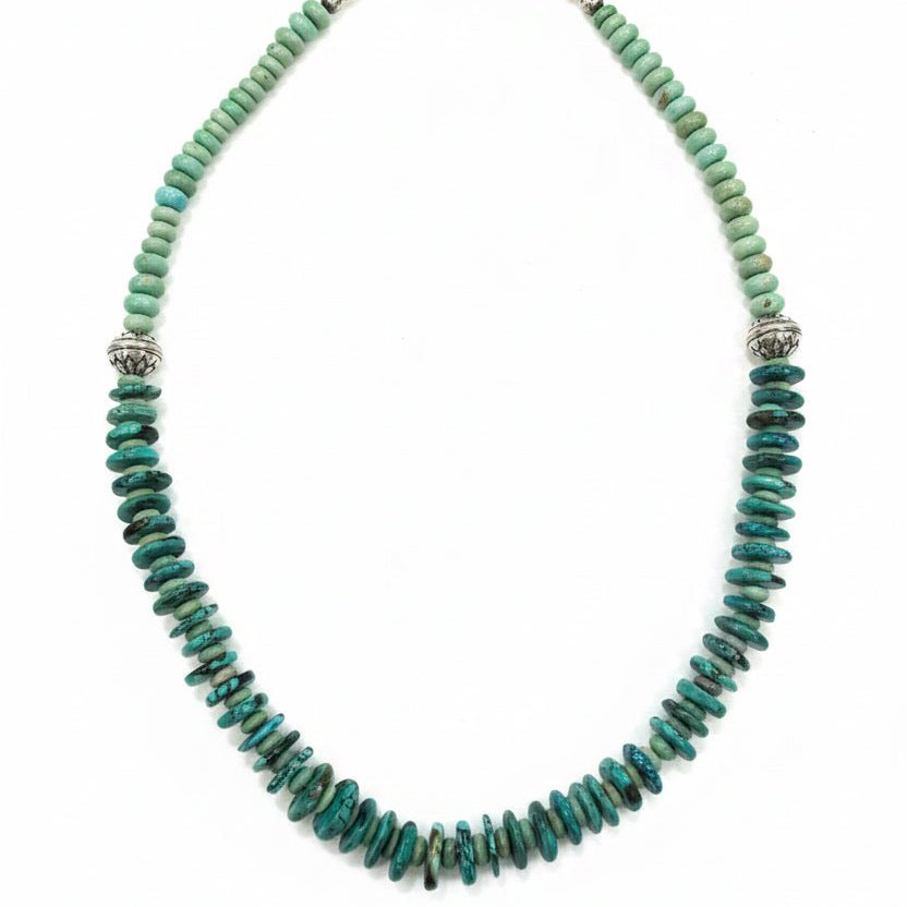19" Cloud Mountain Turquoise Heshi Necklace with Stamped Sterling Silver Rondelles - Turquoise Mustang