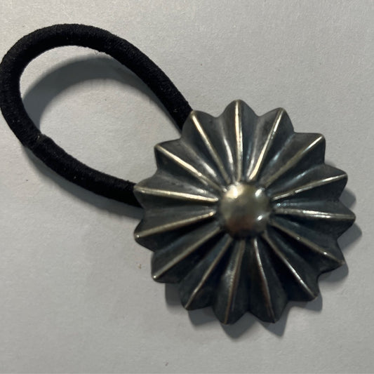 Hair Tie, repousee Silver Sunburst Concho, Large, unknown - Turquoise Mustang