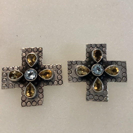 Earrings, Faceted Gemstones, Cross, Citrine & Blue Topaz, Hooks, DD - Turquoise Mustang