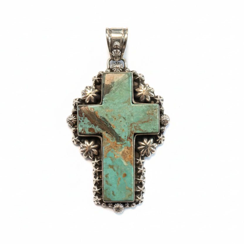 The Passion Flower Cross Pendant in Sage Green Kingman - Turquoise Mustang