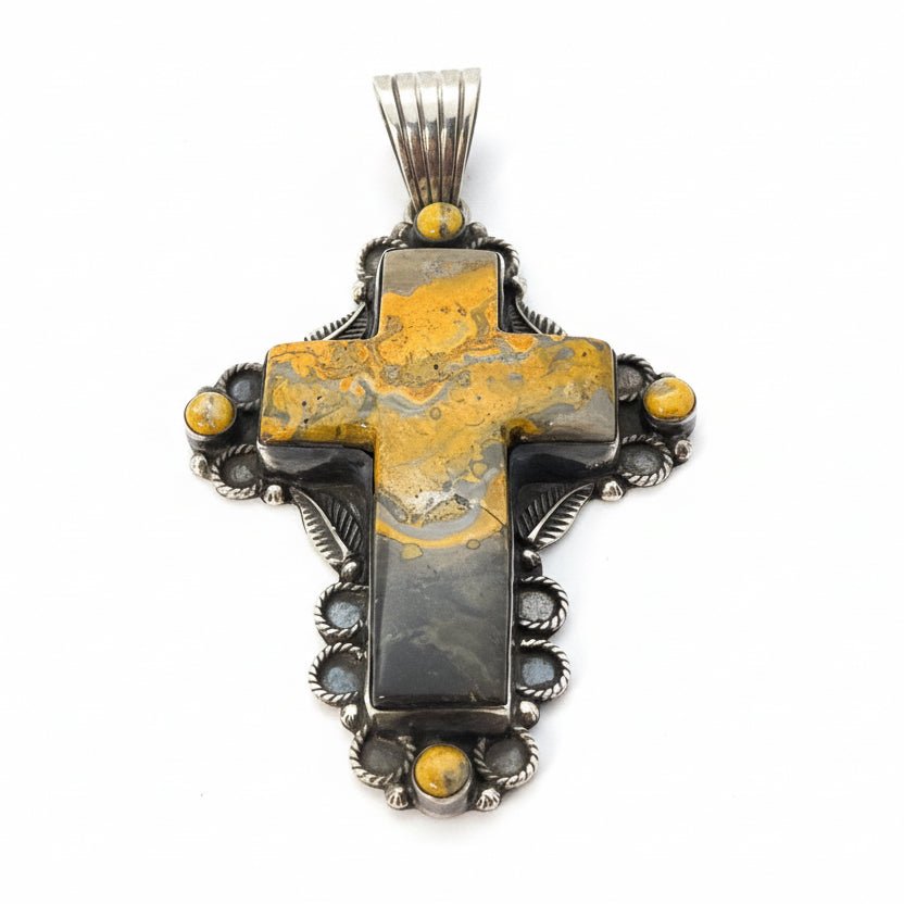 The Primrose Cross Pendant in Bumblebee Jasper - Turquoise Mustang