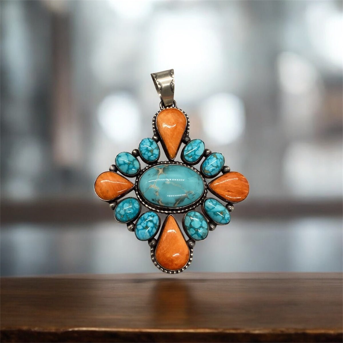 Pendant, 13 stone, Orange Spiny Oyster, Dry Creek center, Kingman Web, Cluster, 90 ct, Extra Large, by Peterson Johnson - Turquoise Mustang