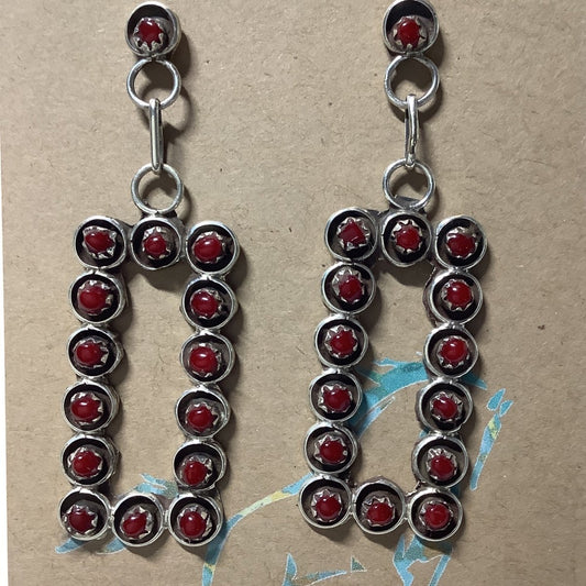 Earring, 15 Petit Point Coral Cabs arranged in Rectangle - Turquoise Mustang