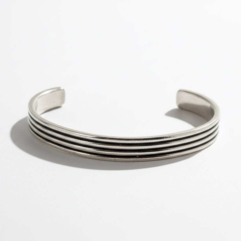All-Sterling Silver Parallel Lines Cuff by William Shepherd, Navajo - Turquoise Mustang