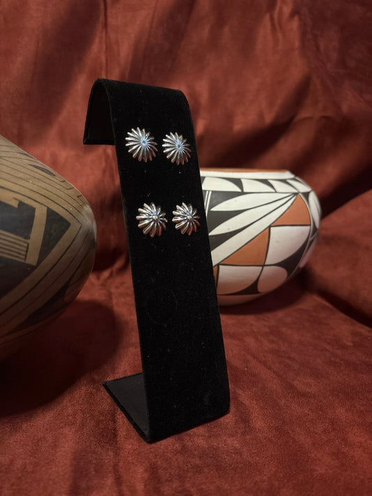 Earrings, All Silver, Peyote Button Concho Studs - Turquoise Mustang